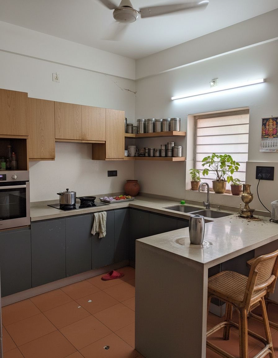 Open modular kitchen with steel dabbas and filter coffee, Besant Nagar
