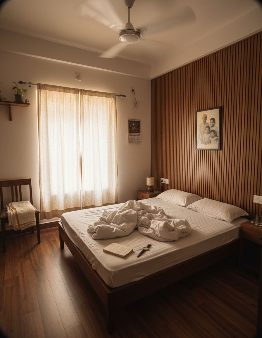 Master bedroom with teak headboard and sheer linen curtains, OMR