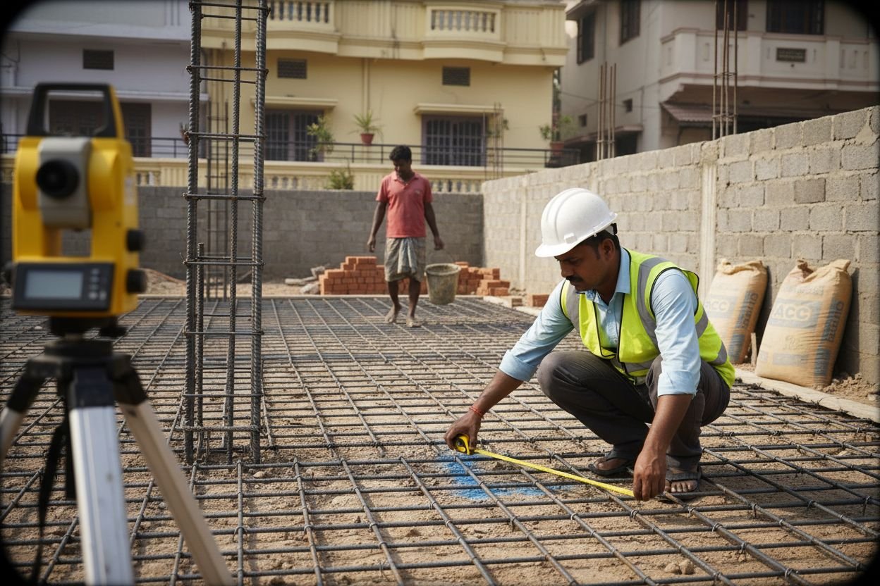Site engineer measuring rebar cage in Velachery