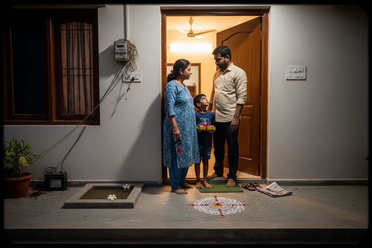 Family at the threshold of their newly handed-over Chennai home at twilight