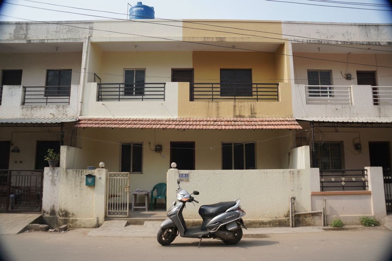 G+1 independent house with Sintex tank, scooter parked at gate, neighbouring houses in a Tambaram lane