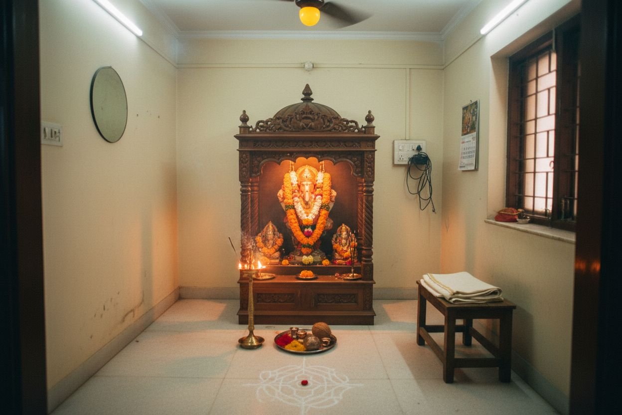 Pooja room with teak carved mandap, marigold and jasmine garlands, brass diya and kolam at threshold