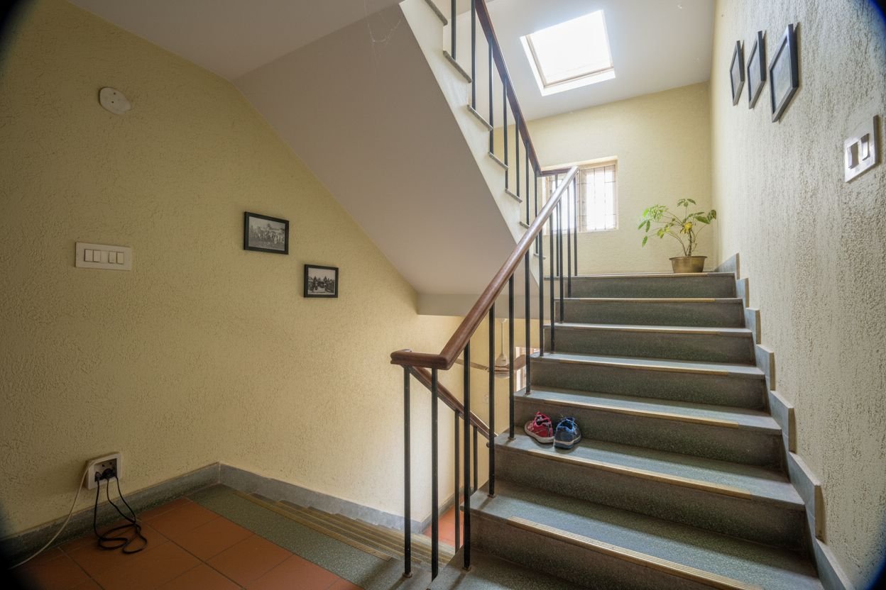 Internal staircase with Kota stone treads, brass nosing and a small skylight at the top of the stairwell