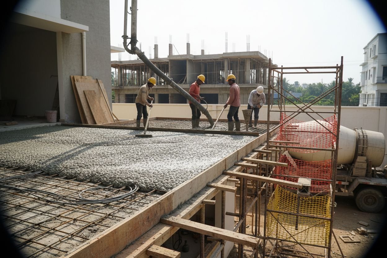 First-floor slab casting in progress in Sholinganallur with workers floating wet concrete and a pump hose