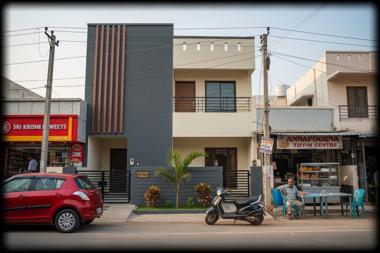 Contemporary twin-tone home on an OMR feeder road with Sri Krishna Sweets and Annapoorna Tiffin Centre next door