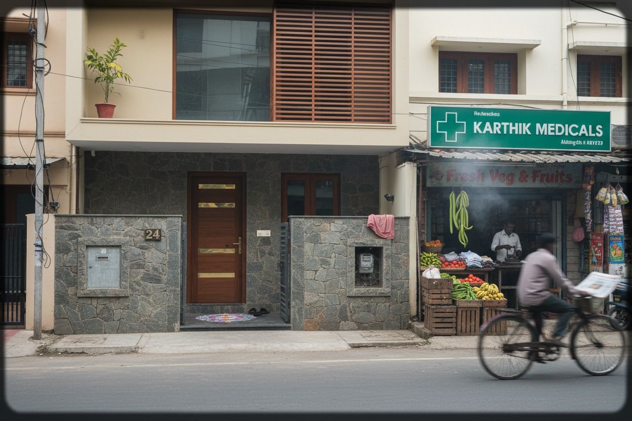 Stone-and-render G+1 in Velachery with Karthik Medicals pharmacy, a dhobi and a Fresh Veg shop across the road